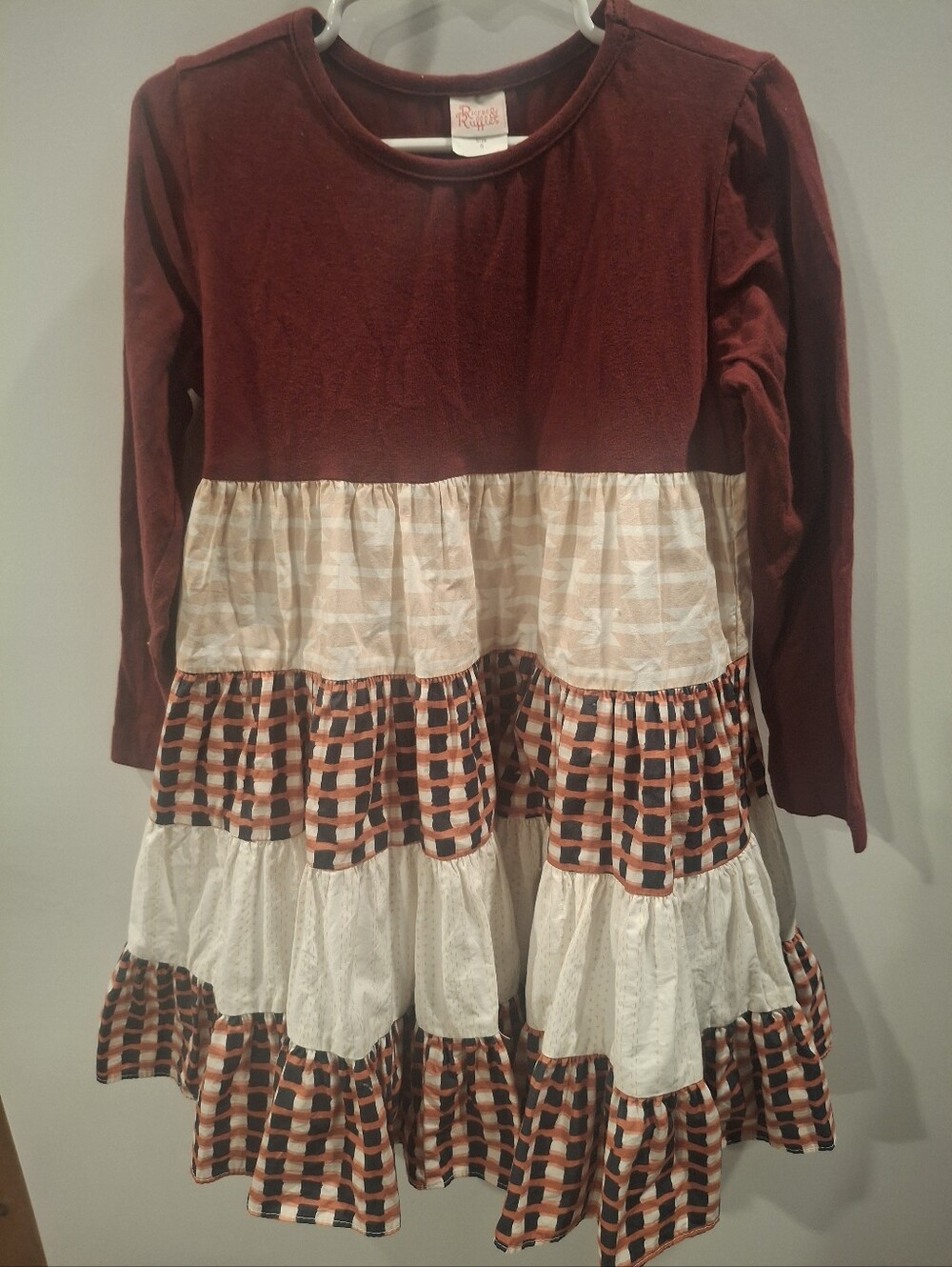 Girls Tiered Long-Sleeve Dress in Burgundy and Cream by Ruffle